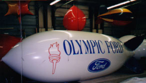 Advertising blimps 20ft.- Olympic Ford logo. We have 11ft. blimps from $461.00 that fly better than 17ft. pvc and are inexpensive to operate. Never buy a blimp made from pvc. PVC is heavy, porous, contains volatile organics and is being phased out all over the world except for China.